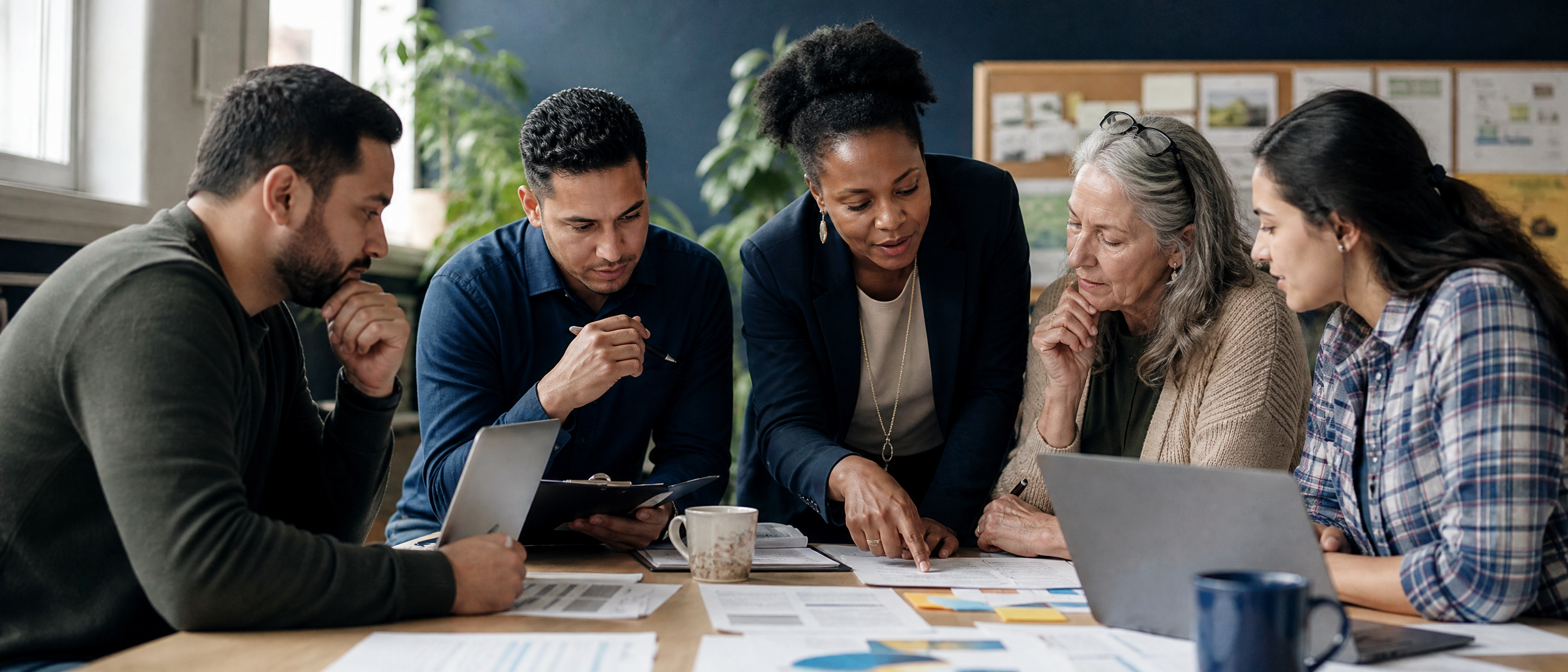 Diverse mission-driven team working collaboratively around a table