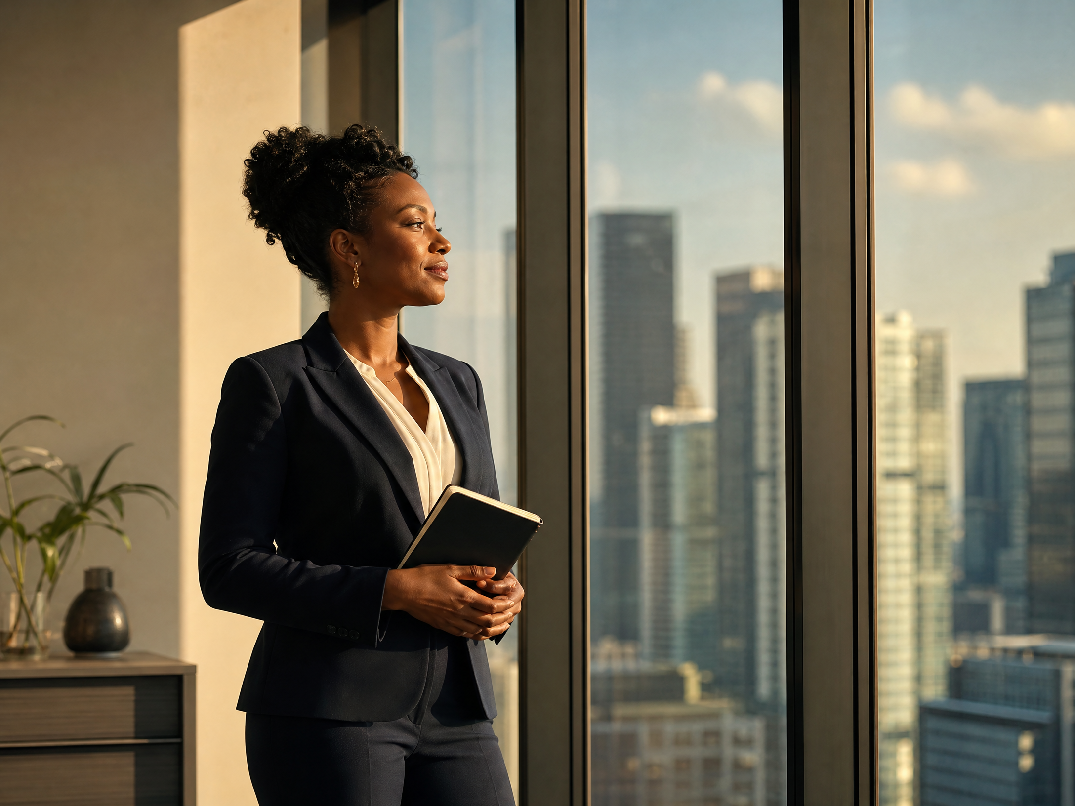 Confident professional woman looking out at a city skyline, representing career clarity and forward momentum