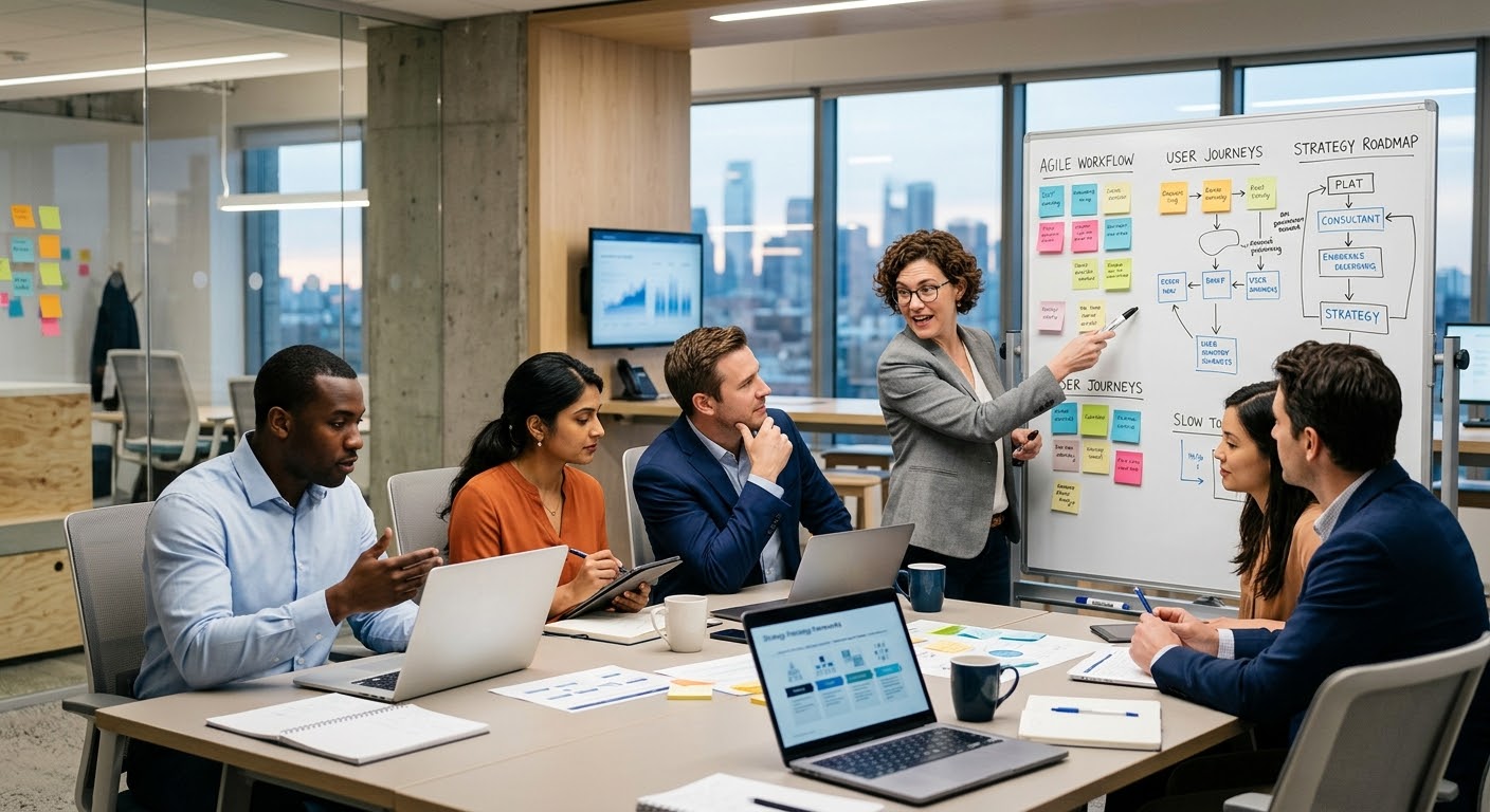 A diverse team collaborating around a workflow roadmap and strategy board